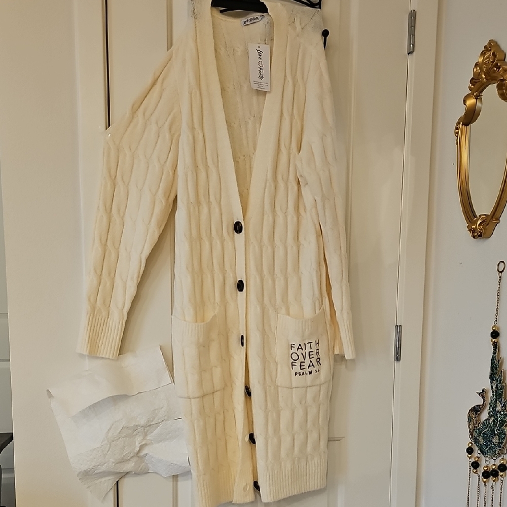 Faith Over Fear Cream Long Cardigan